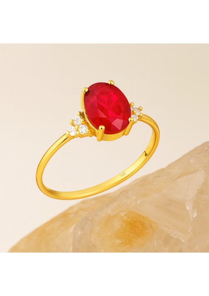 14K Gold Oval-Cut Ruby Ring, Unique Precious Stone Engagement Ring fırsatları