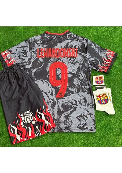 Barcelona 2026 Lewandowski Alevli Aslan Desenli Yeni Sezon Çocuk Forması 4'lü Set fiyatları