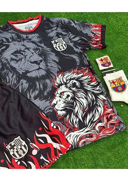 Barcelona 2026 Lewandowski Alevli Aslan Desenli Yeni Sezon Çocuk Forması 4'lü Set modelleri