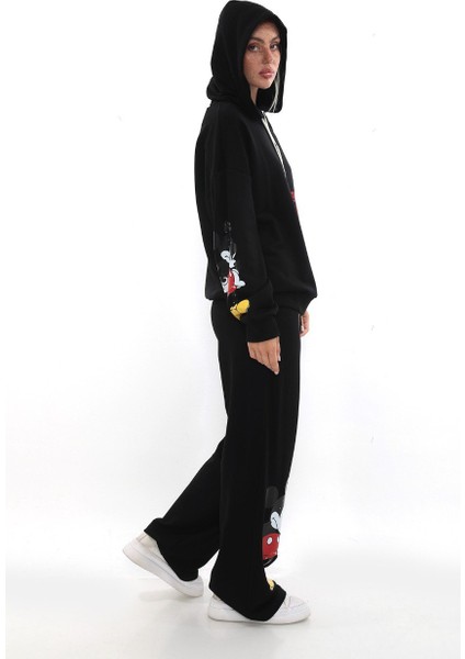 Oversize 3 Iplik Mickey Baskılı Dmc Taş Süslemeli Kapüşonlu Kadın Eşofman Takımı (Siyah / Bej)