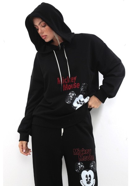 Oversize 3 Iplik Mickey Baskılı Dmc Taş Süslemeli Kapüşonlu Kadın Eşofman Takımı (Siyah / Bej) fiyatları