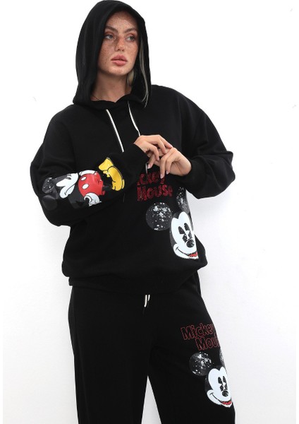 Oversize 3 Iplik Mickey Baskılı Dmc Taş Süslemeli Kapüşonlu Kadın Eşofman Takımı (Siyah / Bej) fırsatları
