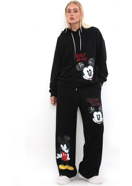 Oversize 3 Iplik Mickey Baskılı Dmc Taş Süslemeli Kapüşonlu Kadın Eşofman Takımı (Siyah / Bej) indirimleri