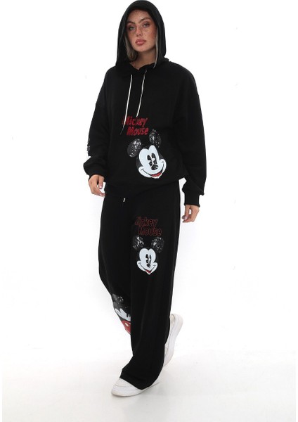 Oversize 3 Iplik Mickey Baskılı Dmc Taş Süslemeli Kapüşonlu Kadın Eşofman Takımı (Siyah / Bej)