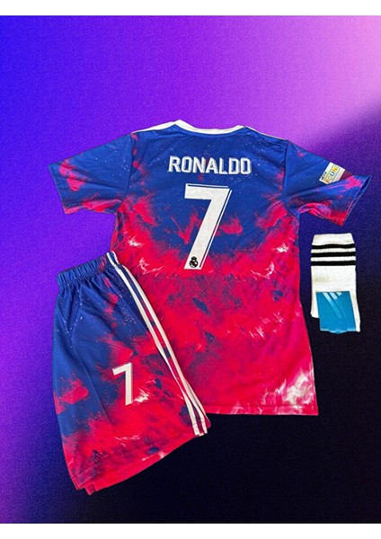 Özel Tasarım Cr7 Ronlado Kırmızı/mavi Dalgalı Çocuk Forması (Forma Şort Çorap)