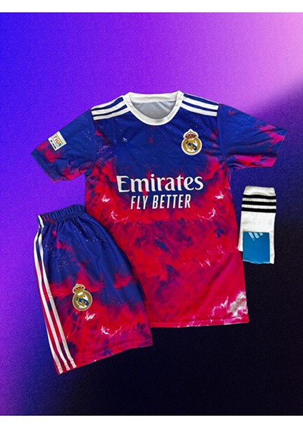 Özel Tasarım Cr7 Ronlado Kırmızı/mavi Dalgalı Çocuk Forması (Forma Şort Çorap) fiyatları