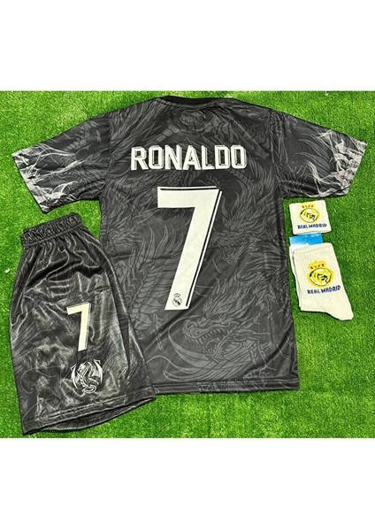Real Madrid 2026 Ronaldo Siyah Dragon Yılan Desenli Yeni Sezon Çocuk Forması 4’lü Set modelleri