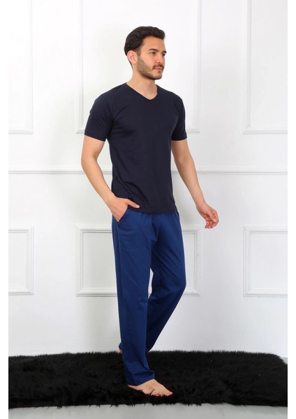 Erkek Penye 3'lü Lacivert V Yaka Pijama Takımı