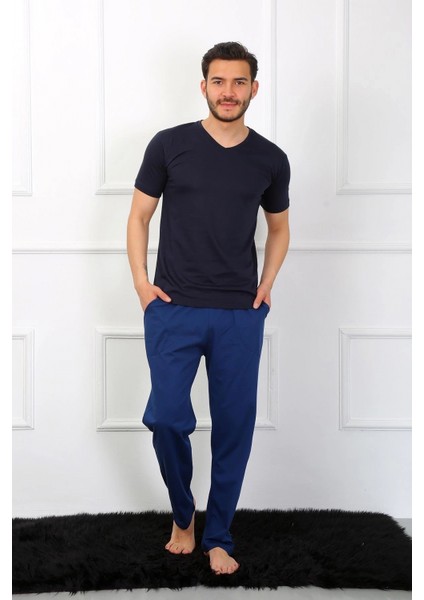 Erkek Penye 3'lü Lacivert V Yaka Pijama Takımı modelleri