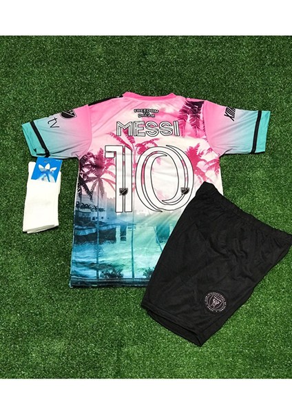 Yeni Sezon Lionel Messi Inter/miami Özel Tasarım Pembe Desenli Çocuk Futbol Forması 3'lü Takım