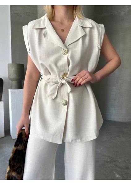 Keten Sıfır Kol Kuşaklı Ceket Pantolon Ikili Takım - Beyaz