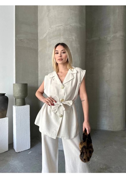 Keten Sıfır Kol Kuşaklı Ceket Pantolon Ikili Takım - Beyaz fiyatları