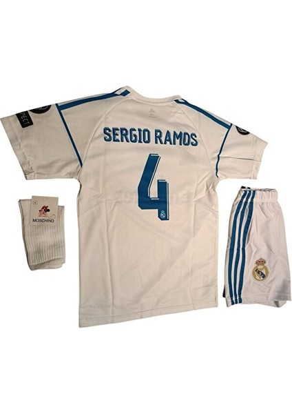 Real Madrid Sergio Ramos Şampiyonlar Ligi 4 Lü Çocuk Futbol Forması Şort+Forma+Bileklik+Çorap