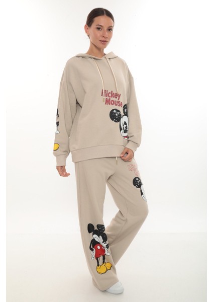 Oversize 3 Iplik Mickey Baskılı Dmc Taş Süslemeli Kapüşonlu Kadın Eşofman Takımı (Siyah / Bej)