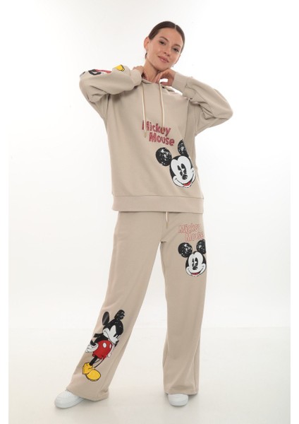 Oversize 3 Iplik Mickey Baskılı Dmc Taş Süslemeli Kapüşonlu Kadın Eşofman Takımı (Siyah / Bej) fiyatları