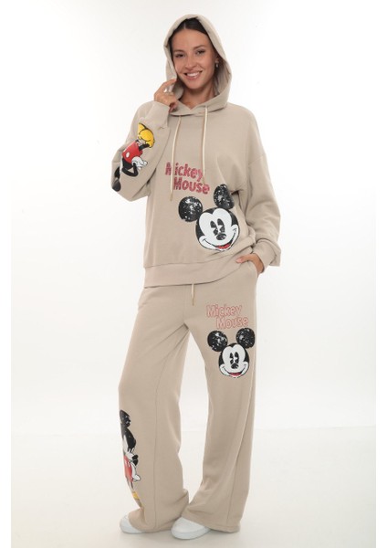 Oversize 3 Iplik Mickey Baskılı Dmc Taş Süslemeli Kapüşonlu Kadın Eşofman Takımı (Siyah / Bej) modelleri