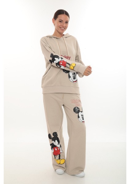 Oversize 3 Iplik Mickey Baskılı Dmc Taş Süslemeli Kapüşonlu Kadın Eşofman Takımı (Siyah / Bej) fırsatları