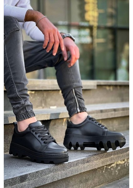 KB-056 Kuback Siyah Cilt Siyah Yüksek Taban Günlük Spor Ayakkabı