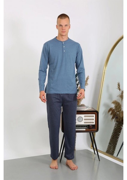 Erkek Penye Uzun Kol Pijama Takımı Indigo