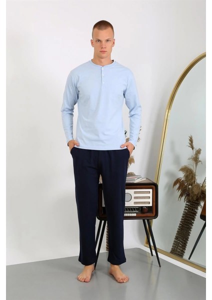 Erkek Penye Uzun Kol Pijama Takımı Buz Mavisi
