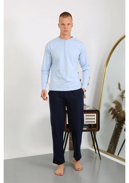 Erkek Penye Uzun Kol Pijama Takımı Buz Mavisi fiyatları