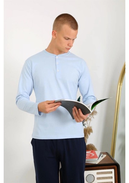 Erkek Penye Uzun Kol Pijama Takımı Buz Mavisi modelleri