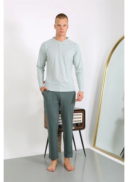 Erkek Penye Uzun Kol Pijama Takımı Su Yeşili