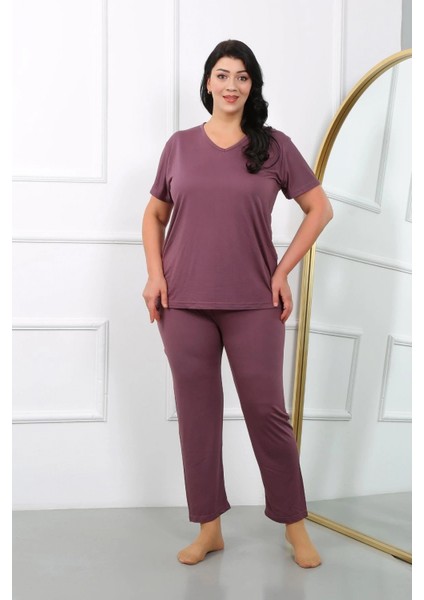 Kadın Büyük Beden Kısa Kol Penye Pijama Takımı Mürdüm indirimleri