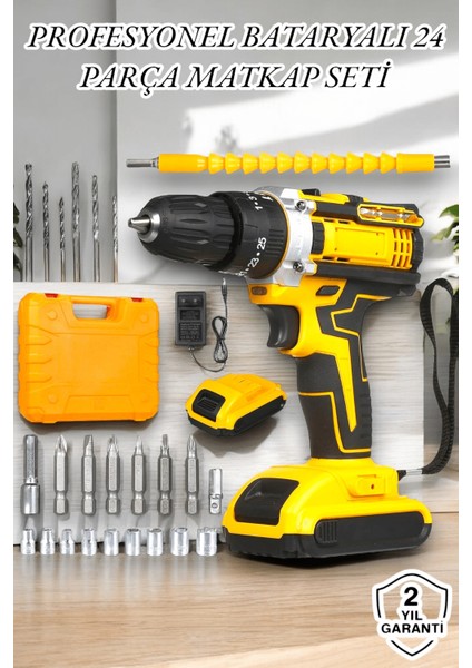 24 Parça Çift Bataryalı Şarjlı Matkap Seti 24W Motor ve Otomatik Mil Kilitli Tasarım