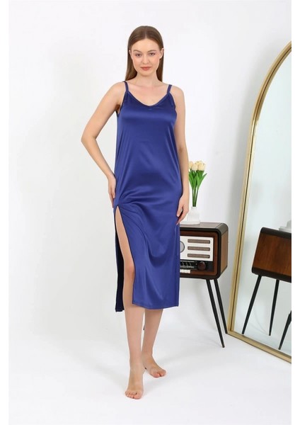 Yırtmaçlı Uzun Saten Gecelik Lacivert fiyatları