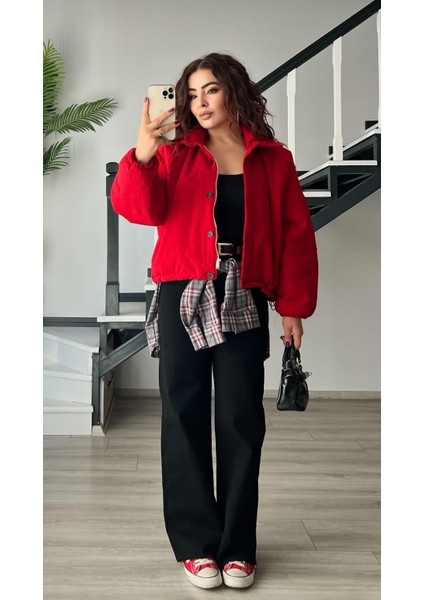 Kırmızı Tok Doku Şişme Mont