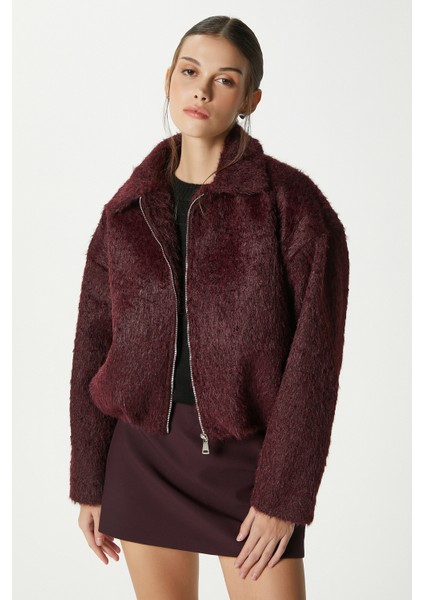 Kadın Oscar Suni Kürk Mürdüm Bomber Ceket