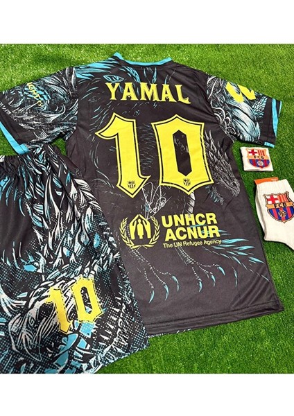Barcelona 2026 Dragon Baskılı Yeni Sezon Lamine Yamal #10 Çocuk Forması 4’lü Set modelleri