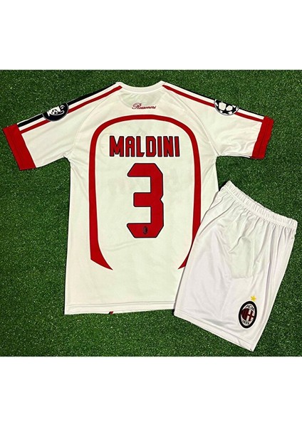 Milan 2007 #3 Maldini Çocuk Forması Çorap Bileklik Hediyeli (Beyaz)