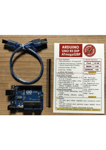 UNO R3 DIP (CH340G) + USB Kablo ve Header Hediyeli