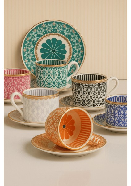 Türk Kahve Fincanı Bone China Papatya Desen 6 Kişilik 12 Parça