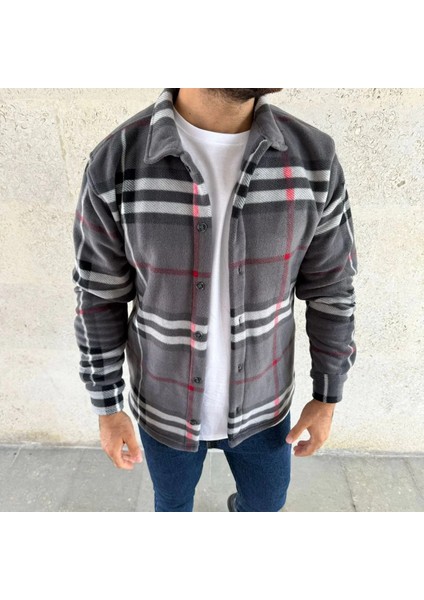 Erkek Ekose Desenli Düğmeli Polar Yakalı Uzun Kollu Gömlek Oversize Rahat Kalıp - Füme modelleri