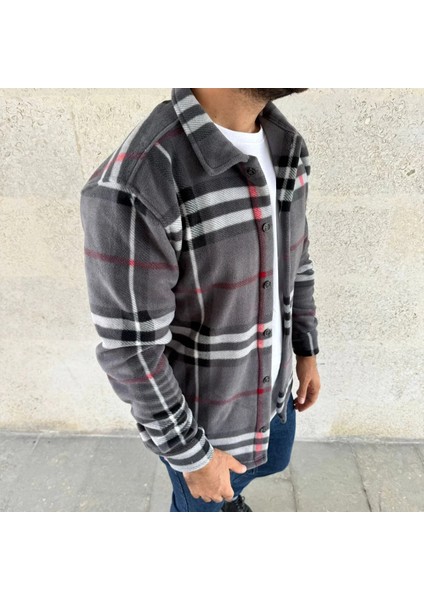 Erkek Ekose Desenli Düğmeli Polar Yakalı Uzun Kollu Gömlek Oversize Rahat Kalıp - Füme fırsatları