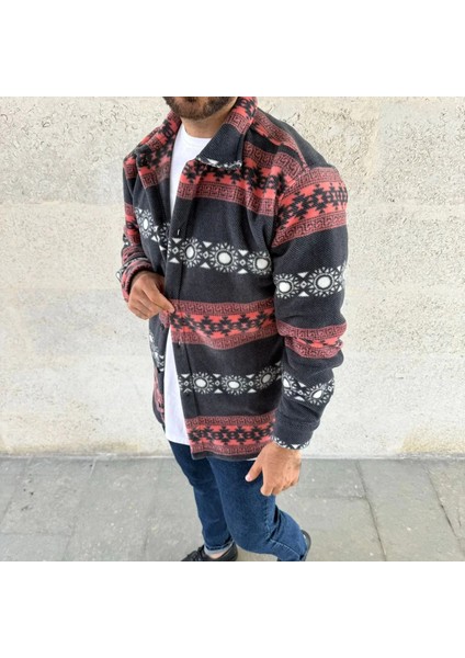 Erkek Desenli Polar Gömlek – Etnik Şerit Desen Yakalı, Uzun Kollu, Düğmeli, Oversize Rahat Kalıp - Füme modelleri