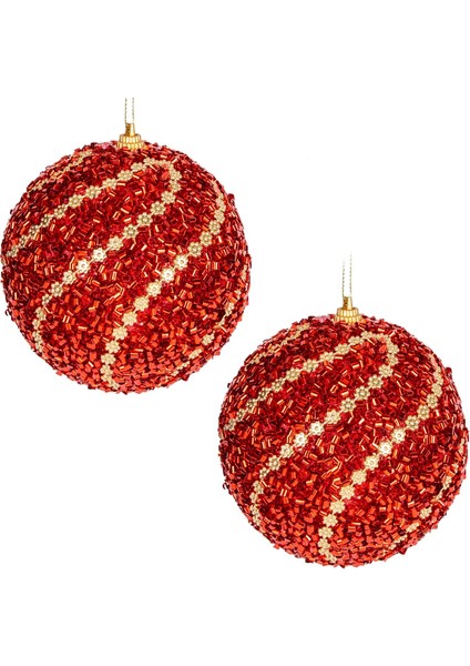 Yılbaşı Topu Şeritli Kırmızı Boncuk Pullu Detaylı 2'li Paket Kırmızı 9 Cm.