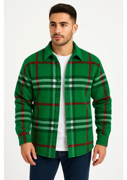 Erkek Ekose Desenli Düğmeli Polar Yakalı Uzun Kollu Gömlek Oversize Rahat Kalıp - Yeşil