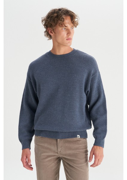 Relaxed Fit Geniş Kesim Bisiklet Yaka Lacivert Triko Kazak