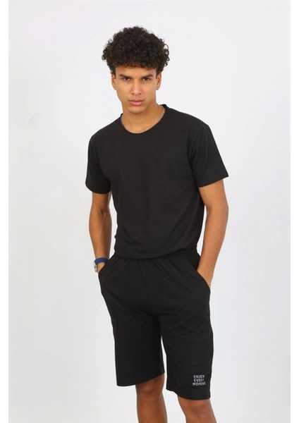 Erkek Pamuk Lakost Alt Üst Kaprili Pijama Takım Siyah