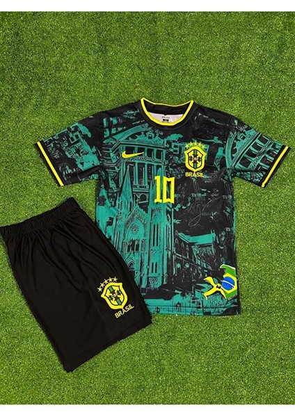 Brezilya Milli Takım Neymar Jr Özel Konsept Çocuk Forması 2'li Set (Yeşil-Sarı)