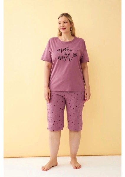 Kadın Mürdüm “make A Wish” Yazılı Büyük Beden Kapri Pijama Takımı fırsatları