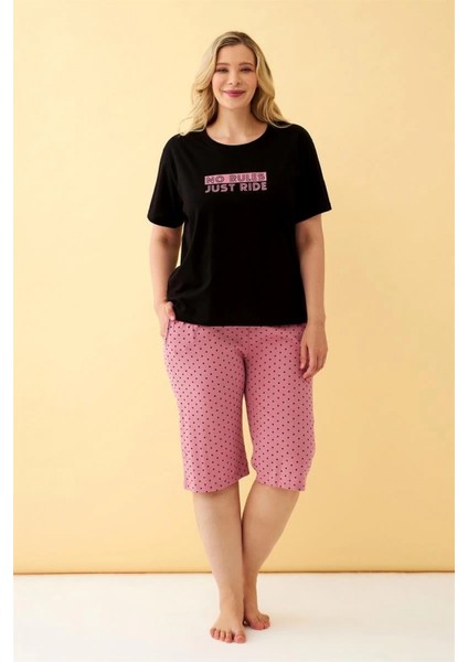 Kadın Siyah “no Rules Just Ride” Yazılı Büyük Beden Kapri Pijama Takımı