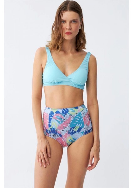 Kadın Pedli Üst Tropik Desenli Yüksek Bel Bikini Takımı - Buz Mavisi
