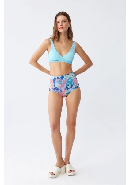 Kadın Pedli Üst Tropik Desenli Yüksek Bel Bikini Takımı - Buz Mavisi fiyatları
