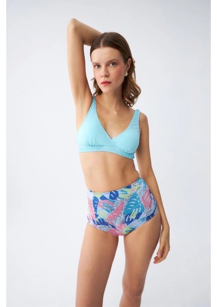 Kadın Pedli Üst Tropik Desenli Yüksek Bel Bikini Takımı - Buz Mavisi modelleri