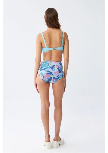 Kadın Pedli Üst Tropik Desenli Yüksek Bel Bikini Takımı - Buz Mavisi indirimleri
